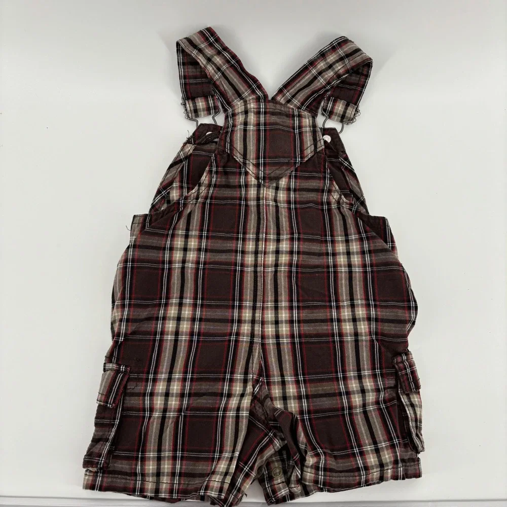 Koala Kids Plaid Shortalls Kids 24M Brown Good Cargo Pockets Cotton Snap‎ Inseam